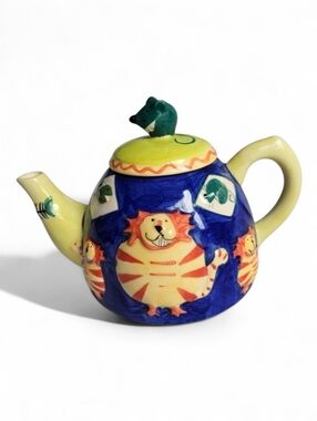 Vintage Cat And Mouse Teapot Colorful Eclectic Ceramic 90s